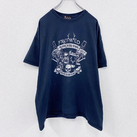 FREI WILD　フレイワイルド　半袖プリントTシャツ　バンドT　紺　ネイビー　XLサイズ　
