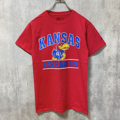 古着 used　RUSSELL　JAYHAWKS　カンザス　半袖プリントTシャツ　赤　バスケットボール　カレッジ　レトロ　Sサイズ