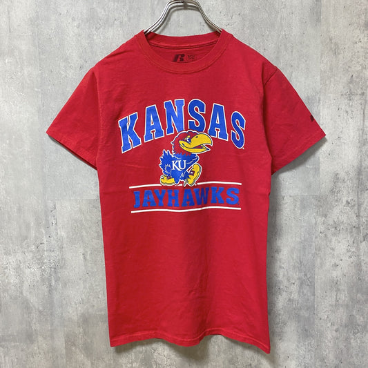 古着 used　RUSSELL　JAYHAWKS　カンザス　半袖プリントTシャツ　赤　バスケットボール　カレッジ　レトロ　Sサイズ