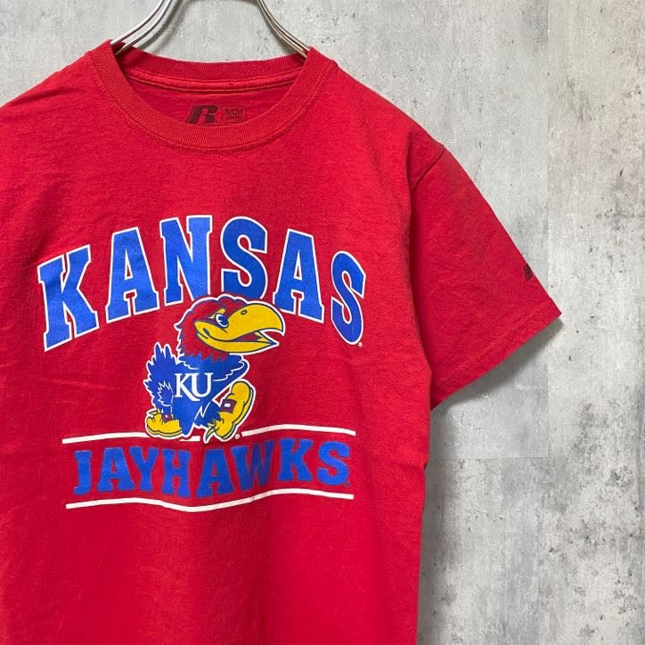 古着 used　RUSSELL　JAYHAWKS　カンザス　半袖プリントTシャツ　赤　バスケットボール　カレッジ　レトロ　Sサイズ