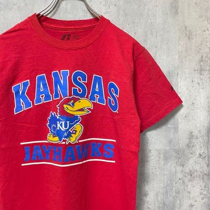 古着 used　RUSSELL　JAYHAWKS　カンザス　半袖プリントTシャツ　赤　バスケットボール　カレッジ　レトロ　Sサイズ