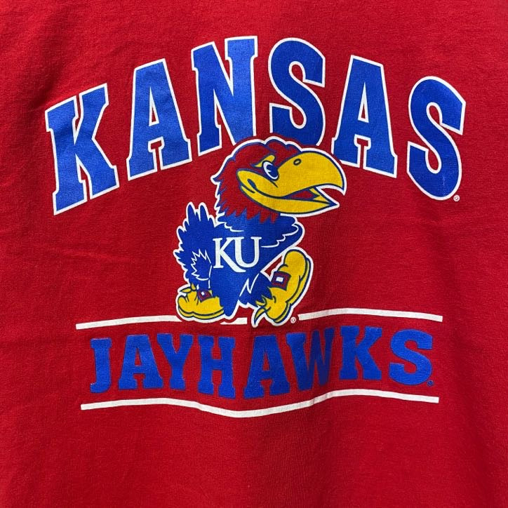 古着 used　RUSSELL　JAYHAWKS　カンザス　半袖プリントTシャツ　赤　バスケットボール　カレッジ　レトロ　Sサイズ