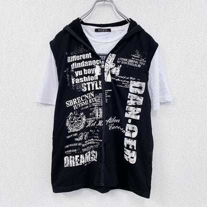 BLACK sports　フルジップ半袖プリントTシャツ　レイヤード　スカル　骸骨ジップ　黒　ブラック　