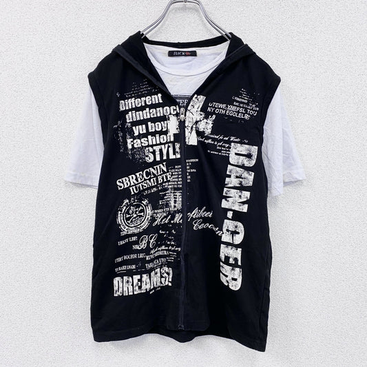 BLACK sports　フルジップ半袖プリントTシャツ　レイヤード　スカル　骸骨ジップ　黒　ブラック　