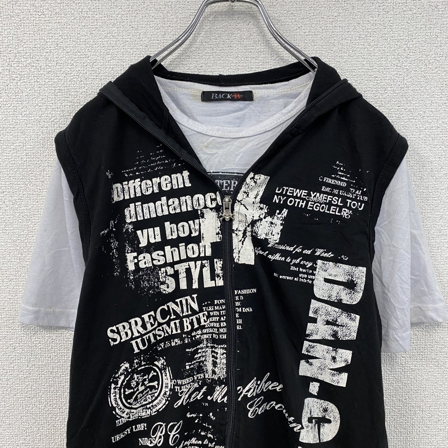 BLACK sports　フルジップ半袖プリントTシャツ　レイヤード　スカル　骸骨ジップ　黒　ブラック　