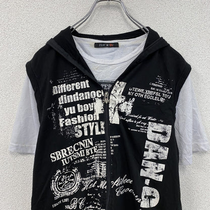 BLACK sports　フルジップ半袖プリントTシャツ　レイヤード　スカル　骸骨ジップ　黒　ブラック　
