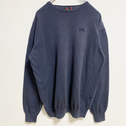 古着 used　Kappa カッパ　長袖ワンポイント刺薄手ニット　セーター　クルーネック　ネイビー　レトロデザイン　Lサイズ