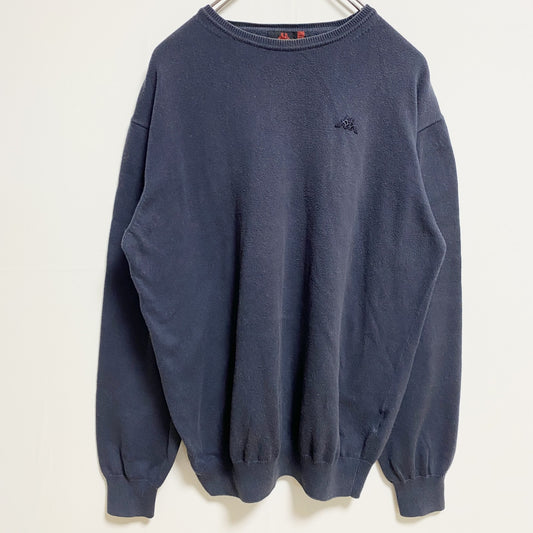 古着 used　Kappa カッパ　長袖ワンポイント刺薄手ニット　セーター　クルーネック　ネイビー　レトロデザイン　Lサイズ