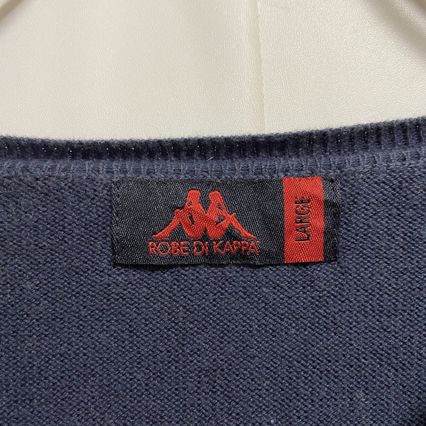 古着 used　Kappa カッパ　長袖ワンポイント刺薄手ニット　セーター　クルーネック　ネイビー　レトロデザイン　Lサイズ