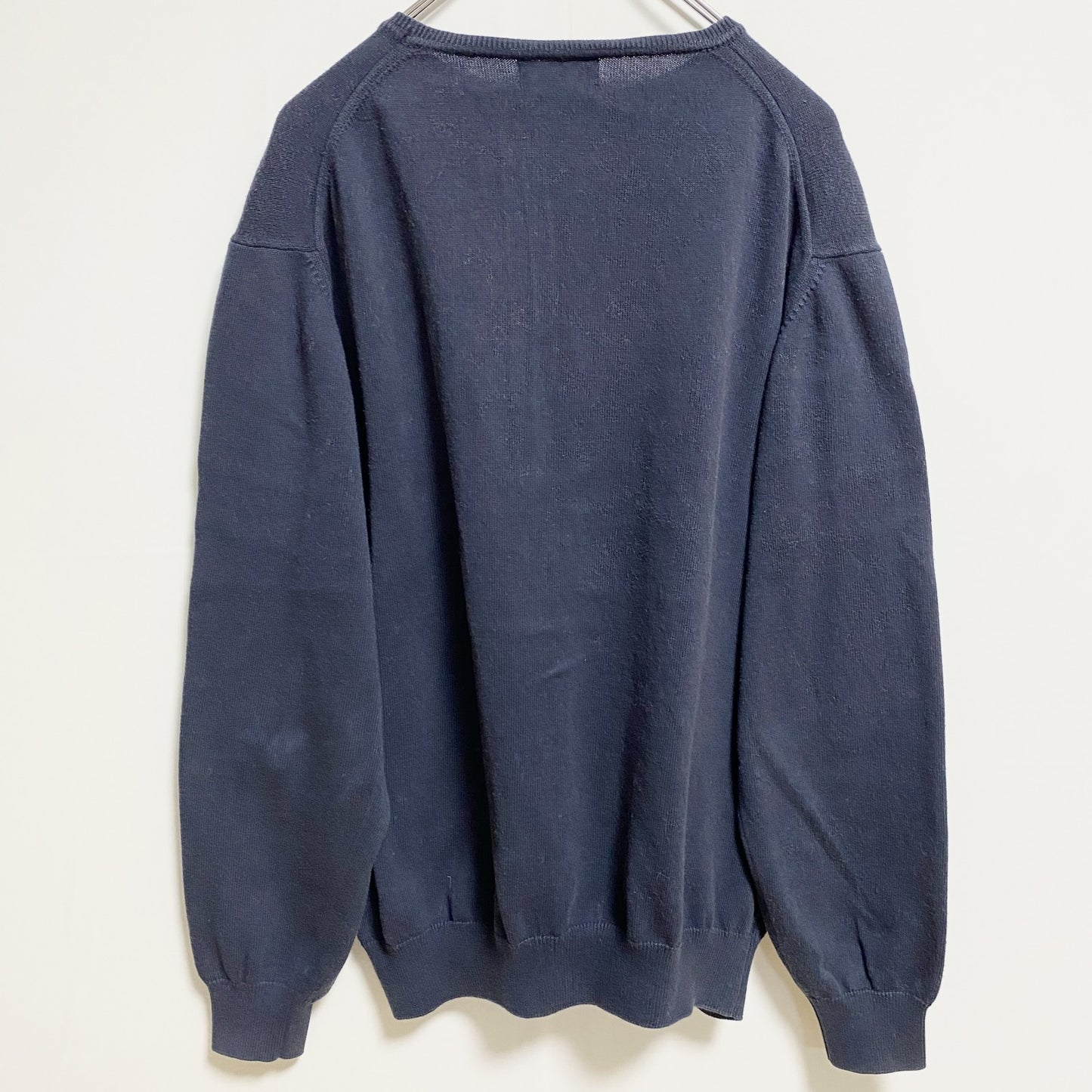 古着 used　Kappa カッパ　長袖ワンポイント刺薄手ニット　セーター　クルーネック　ネイビー　レトロデザイン　Lサイズ