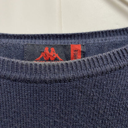 古着 used　Kappa カッパ　長袖ワンポイント刺薄手ニット　セーター　クルーネック　ネイビー　レトロデザイン　Lサイズ