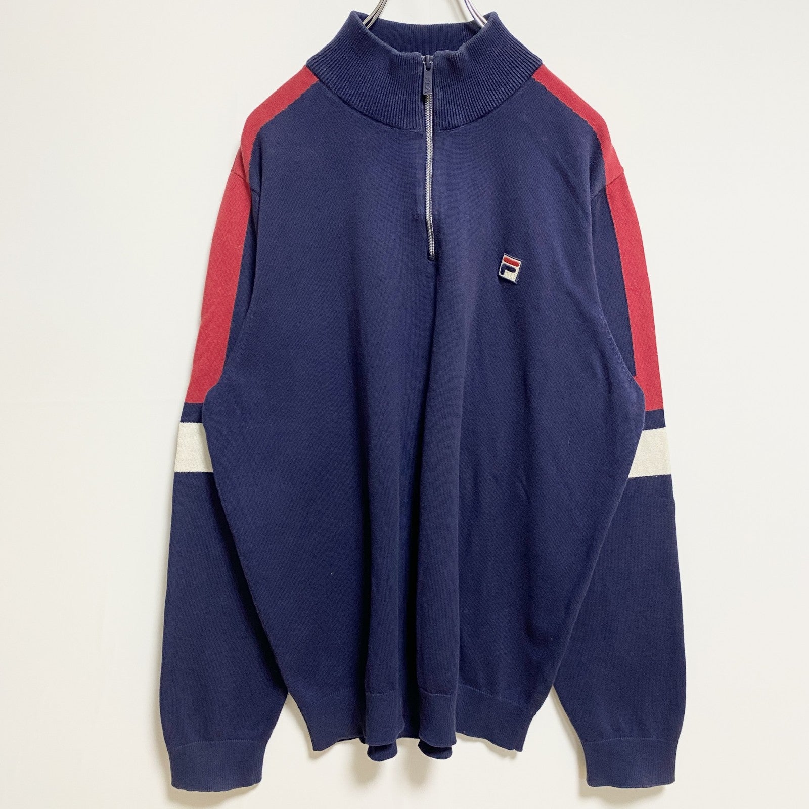 古着 used　FILA　フィラ　長袖ハーフジップ薄手ニット　セーター　ワッペン　ネイビー　秋冬服　ビッグシルエット　XLサイズ