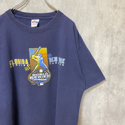 古着 used　MLB　WORLD SERIRS　マリナーズ　ニューヨークヤンキース　半袖プリントTシャツ　ネイビー　XLサイズ