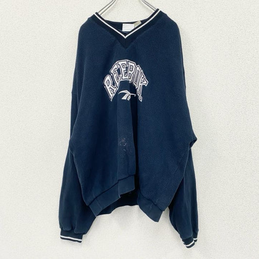90s～　Reebok　リーボック　スウェットプルオーバージャケット　デカロゴ　Vネック　ヴィンテージ　紺　ネイビー