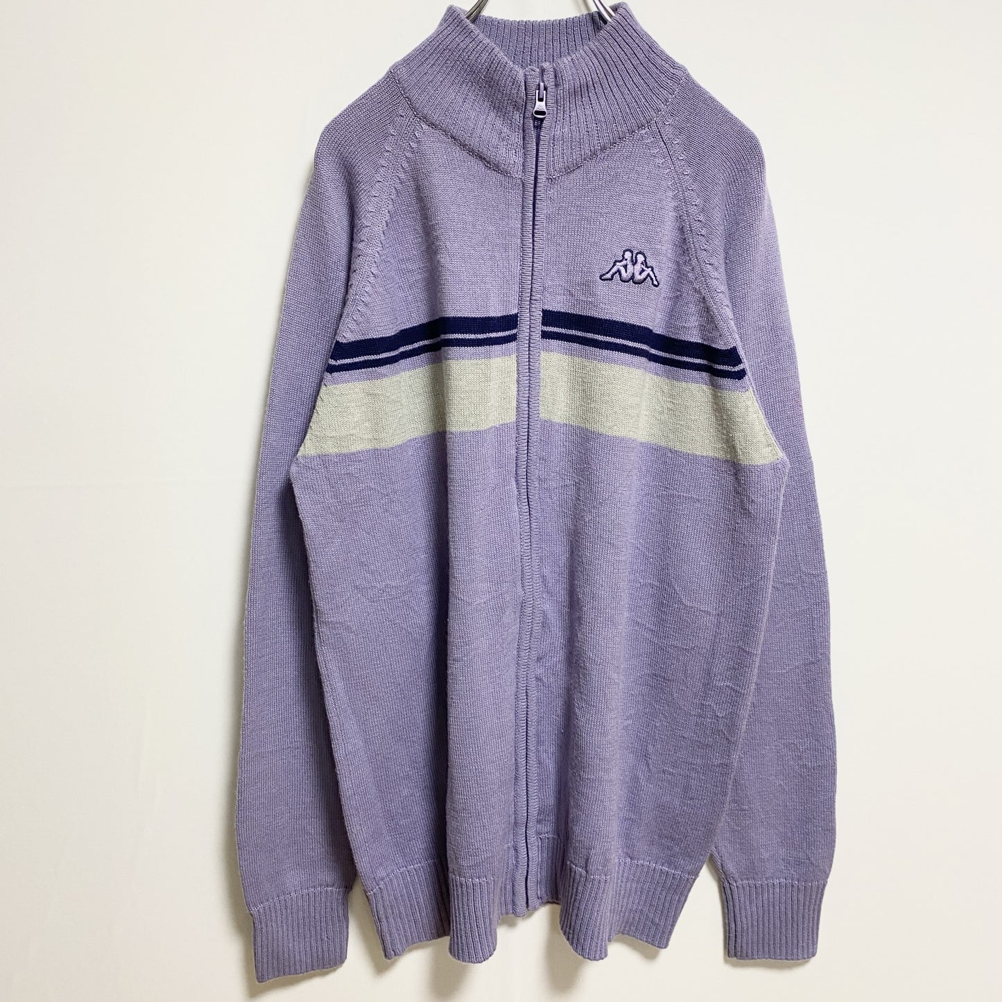 古着 used　Kappa カッパ　長袖ジップアップニット　セーター　ワンポイント刺　紫　ビッグシルエット　3XLサイズ
