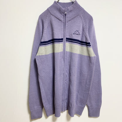古着 used　Kappa カッパ　長袖ジップアップニット　セーター　ワンポイント刺　紫　ビッグシルエット　3XLサイズ