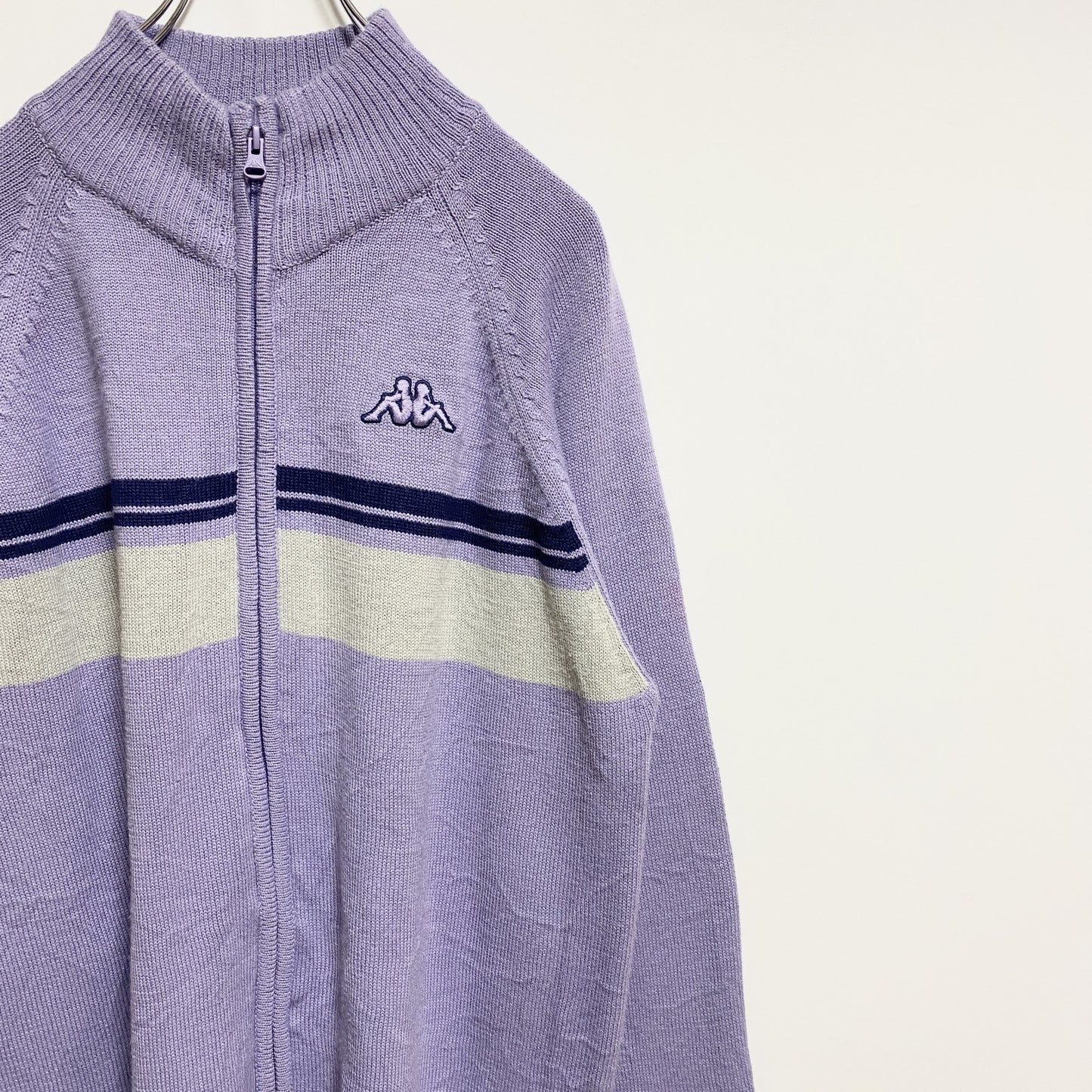 古着 used　Kappa カッパ　長袖ジップアップニット　セーター　ワンポイント刺　紫　ビッグシルエット　3XLサイズ