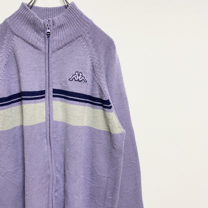 古着 used　Kappa カッパ　長袖ジップアップニット　セーター　ワンポイント刺　紫　ビッグシルエット　3XLサイズ