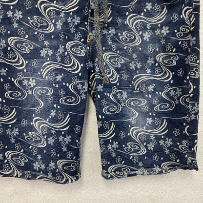 デニムハーフパンツ/ジーンズ　ジップフライ　和柄　桜　渦巻　インディゴ　5Lサイズ