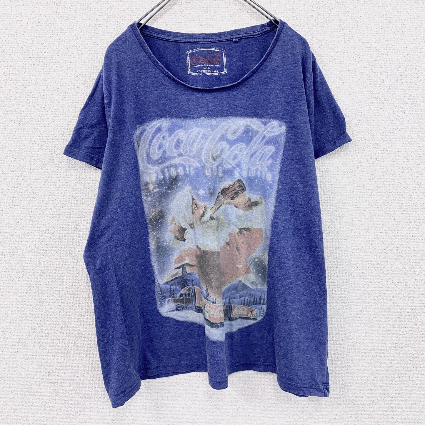 Coca-Cola　コカ・コーラ　半袖プリントTシャツ　サンタクロース　紺　ネイビー　24サイズ