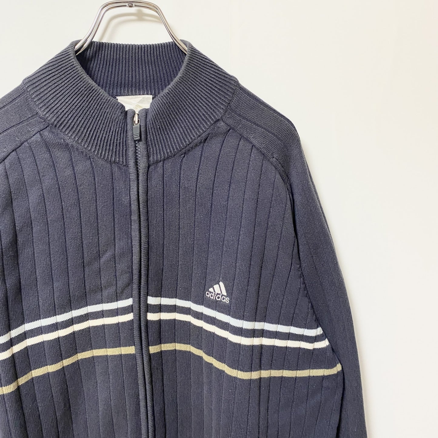 古着 used adidas アディダス　長袖ニットジップアップブルゾン　ニットジャケット　オーバーサイズ　ネイビー　XLサイズ