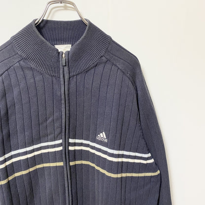 古着 used adidas アディダス　長袖ニットジップアップブルゾン　ニットジャケット　オーバーサイズ　ネイビー　XLサイズ