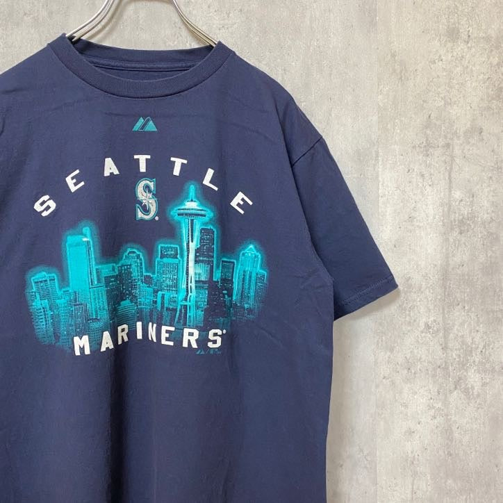 古着 used　Majestic　MLB　シアトルマリナーズ　半袖プリントTシャツ　ネイビー　レトロ　野球　クルーネック　Ｍサイズ