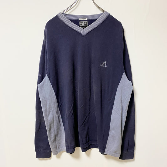 古着 used adidas climalite アディダス　クライマライト　長袖Vネックロゴ刺繍スウェット　トレーナー　ネイビー