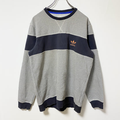 古着 used adidas climalite アディダス　クライマライト　長袖ボーダー柄ロゴ刺繍スウェット　トレーナー　紺　