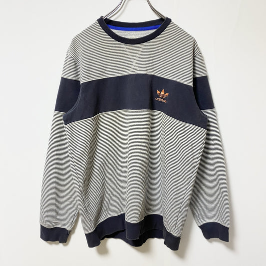 古着 used adidas climalite アディダス　クライマライト　長袖ボーダー柄ロゴ刺繍スウェット　トレーナー　紺　