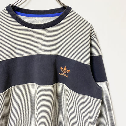 古着 used adidas climalite アディダス　クライマライト　長袖ボーダー柄ロゴ刺繍スウェット　トレーナー　紺　