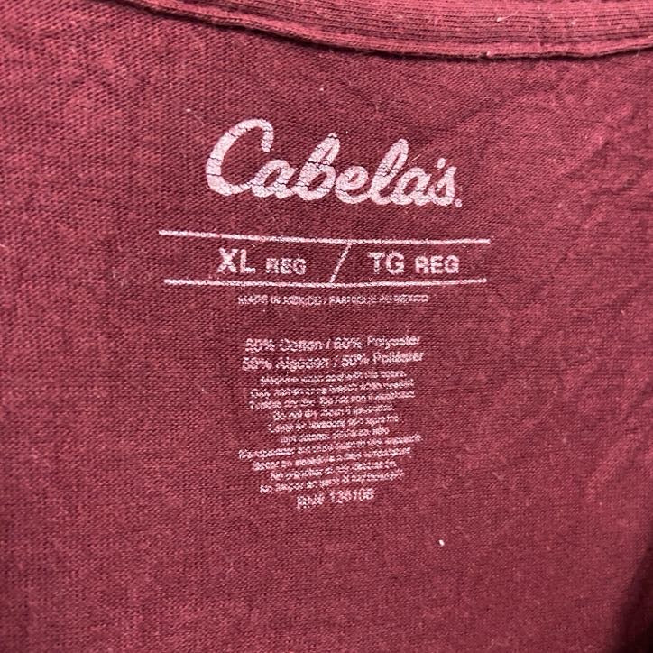 古着 used　Cabela’s　カベラス　半袖両面プリントTシャツ　赤紫色　バーガンディ　XLサイズ