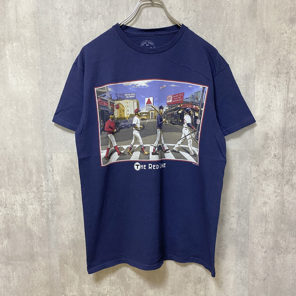 古着 used　ビートルズ風パロディ　RED SOX レッドソックス　半袖プリントTシャツ　ネイビー　レトロ　野球　Mサイズ