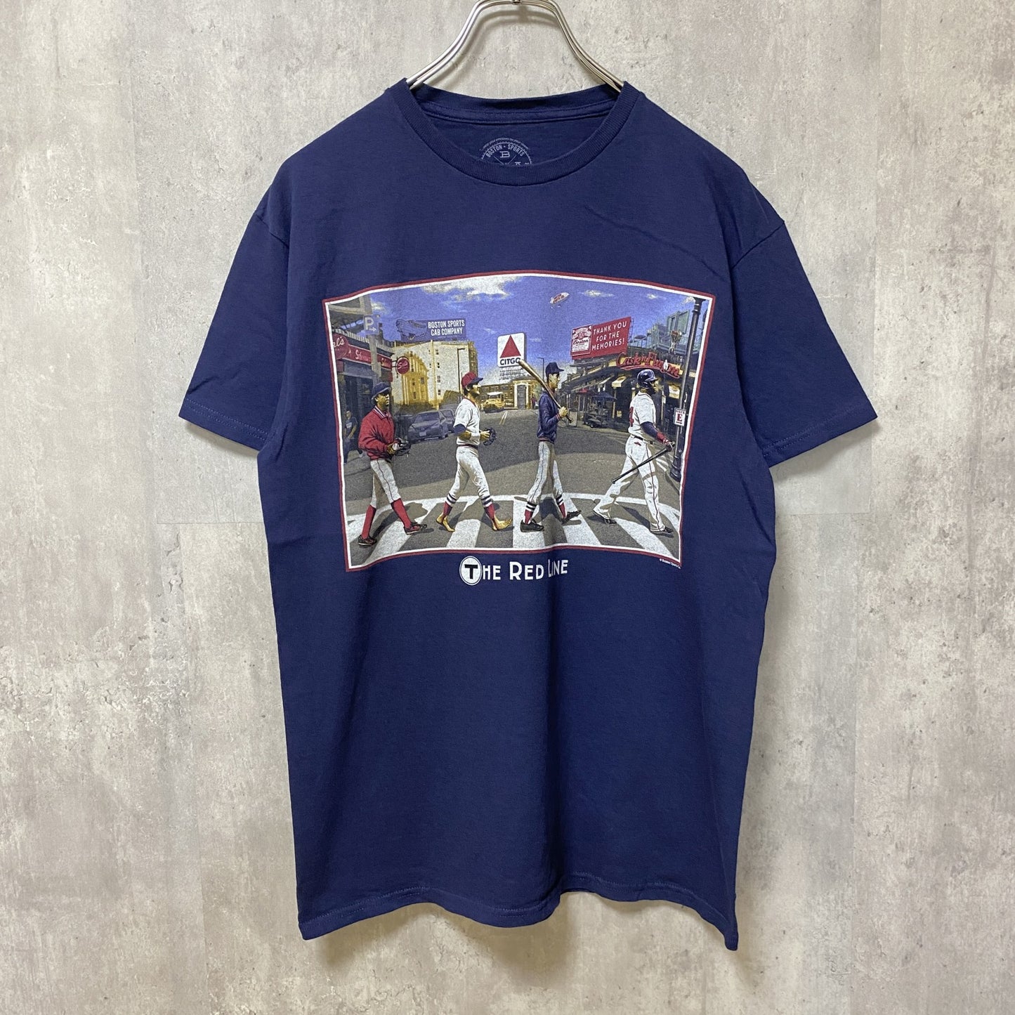 古着 used　ビートルズ風パロディ　RED SOX レッドソックス　半袖プリントTシャツ　ネイビー　レトロ　野球　Mサイズ