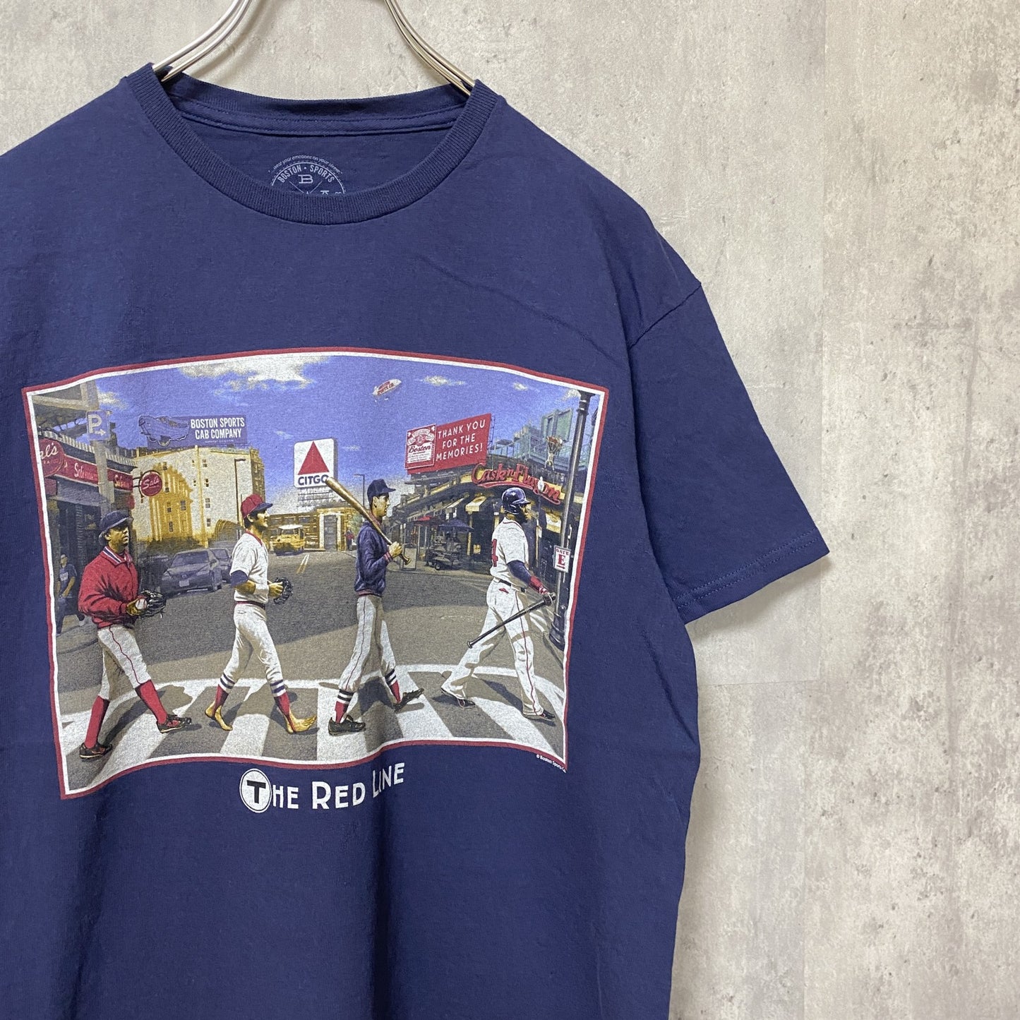 古着 used　ビートルズ風パロディ　RED SOX レッドソックス　半袖プリントTシャツ　ネイビー　レトロ　野球　Mサイズ