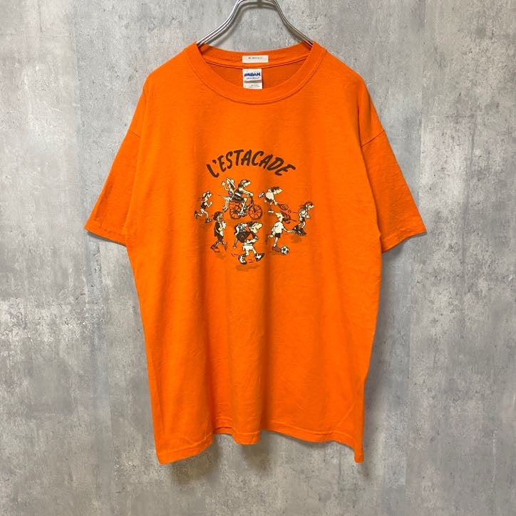 古着 used　GILDAN ギルダン　L'ESTACADE　半袖プリントTシャツ　オレンジ　レトロ　クルーネック　Lサイズ