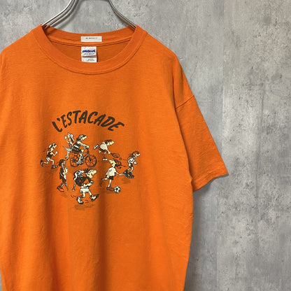 古着 used　GILDAN ギルダン　L'ESTACADE　半袖プリントTシャツ　オレンジ　レトロ　クルーネック　Lサイズ