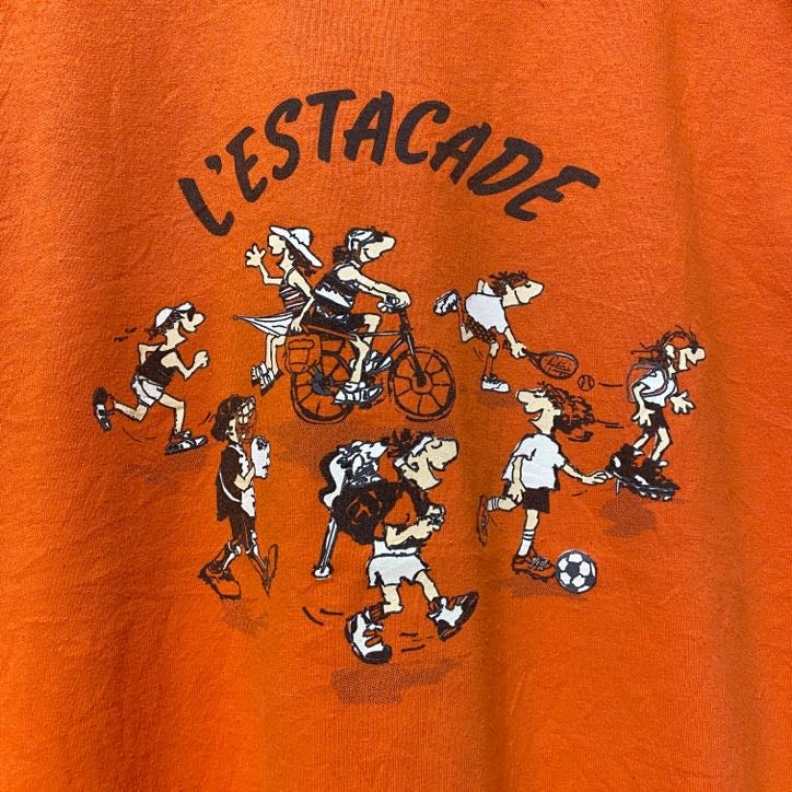 古着 used　GILDAN ギルダン　L'ESTACADE　半袖プリントTシャツ　オレンジ　レトロ　クルーネック　Lサイズ