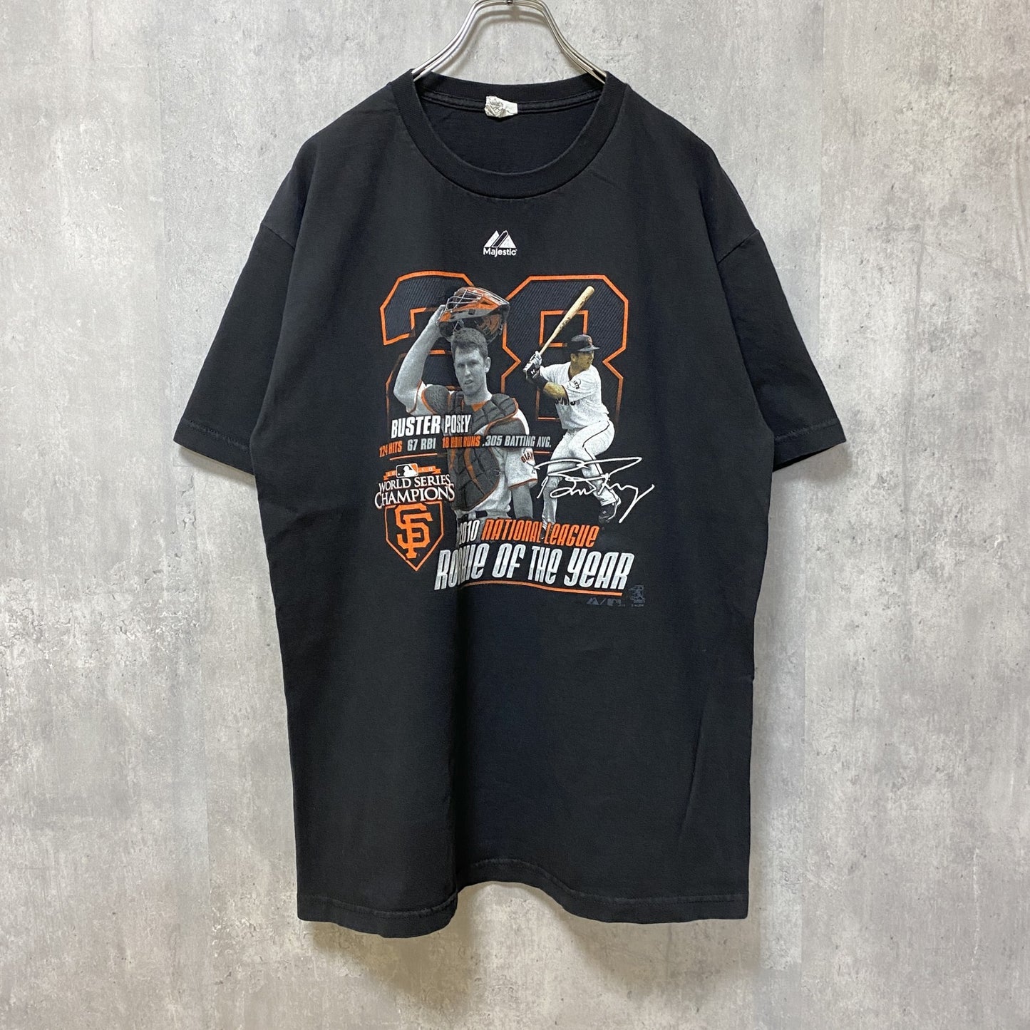 古着 used　Majestic　MLB　2010　GIANTS ジャイアンツ　半袖プリントTシャツ　黒　ブラック　野球　L　