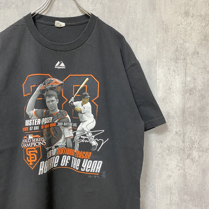 古着 used　Majestic　MLB　2010　GIANTS ジャイアンツ　半袖プリントTシャツ　黒　ブラック　野球　L　