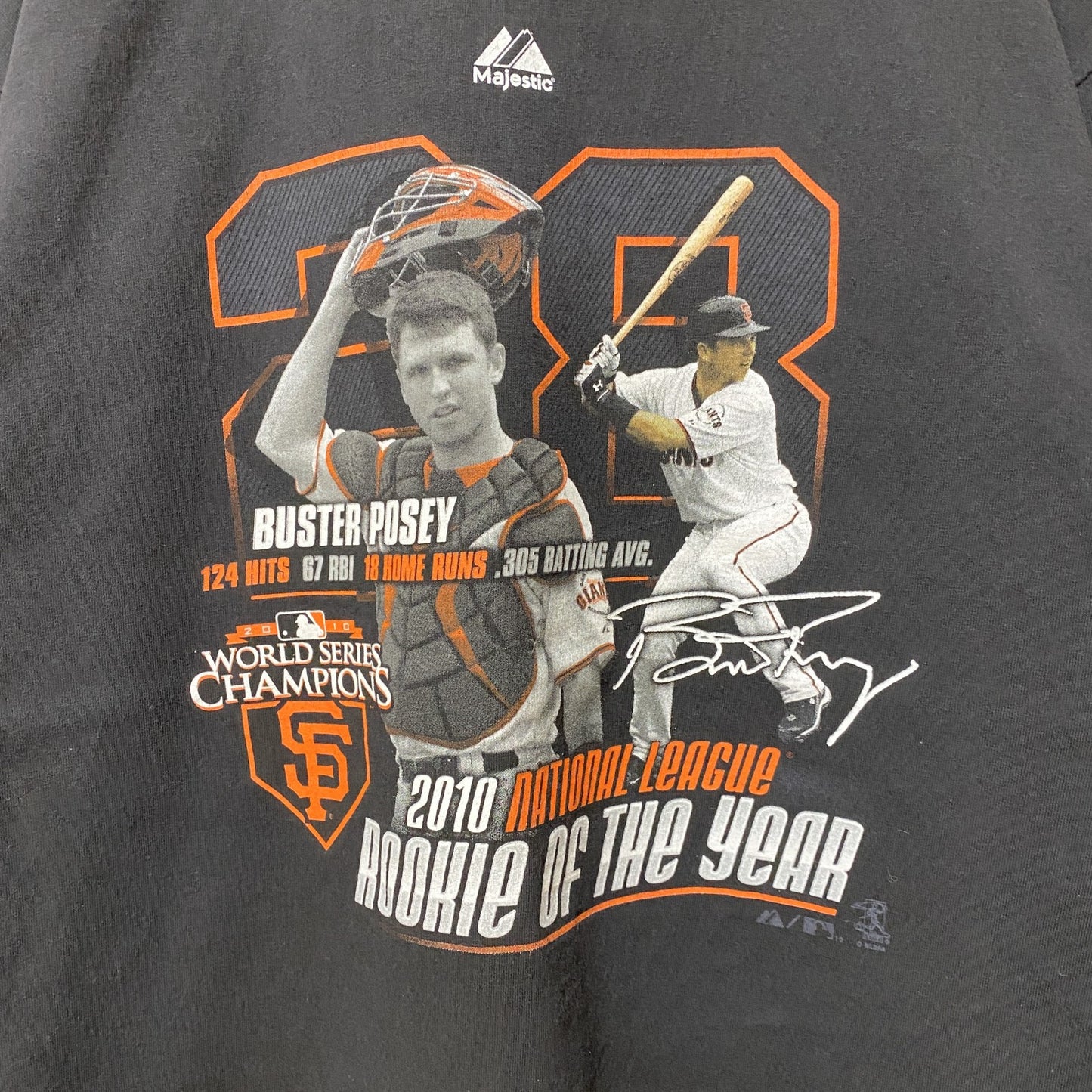 古着 used　Majestic　MLB　2010　GIANTS ジャイアンツ　半袖プリントTシャツ　黒　ブラック　野球　L　