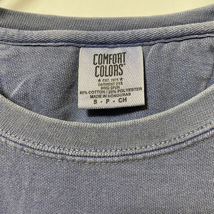 古着 used COMFORT COLORS 長袖ロゴプリントクルーネックスウェット　トレーナー　レトロデザイン　青　Sサイズ