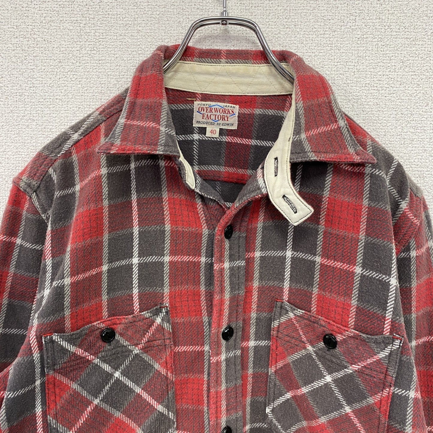 EDWIN　エドウィン　OVER WORKS FACTORY　長袖チェック柄ネルシャツ　レッド　40サイズ