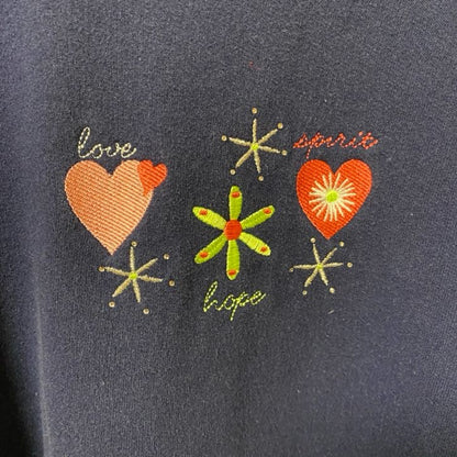 古着 used 長袖クルーネックハート柄刺繍スウェット　トレーナー　個性的　レトロデザイン　ヴィンテージ　ダサかわ　ネイビー