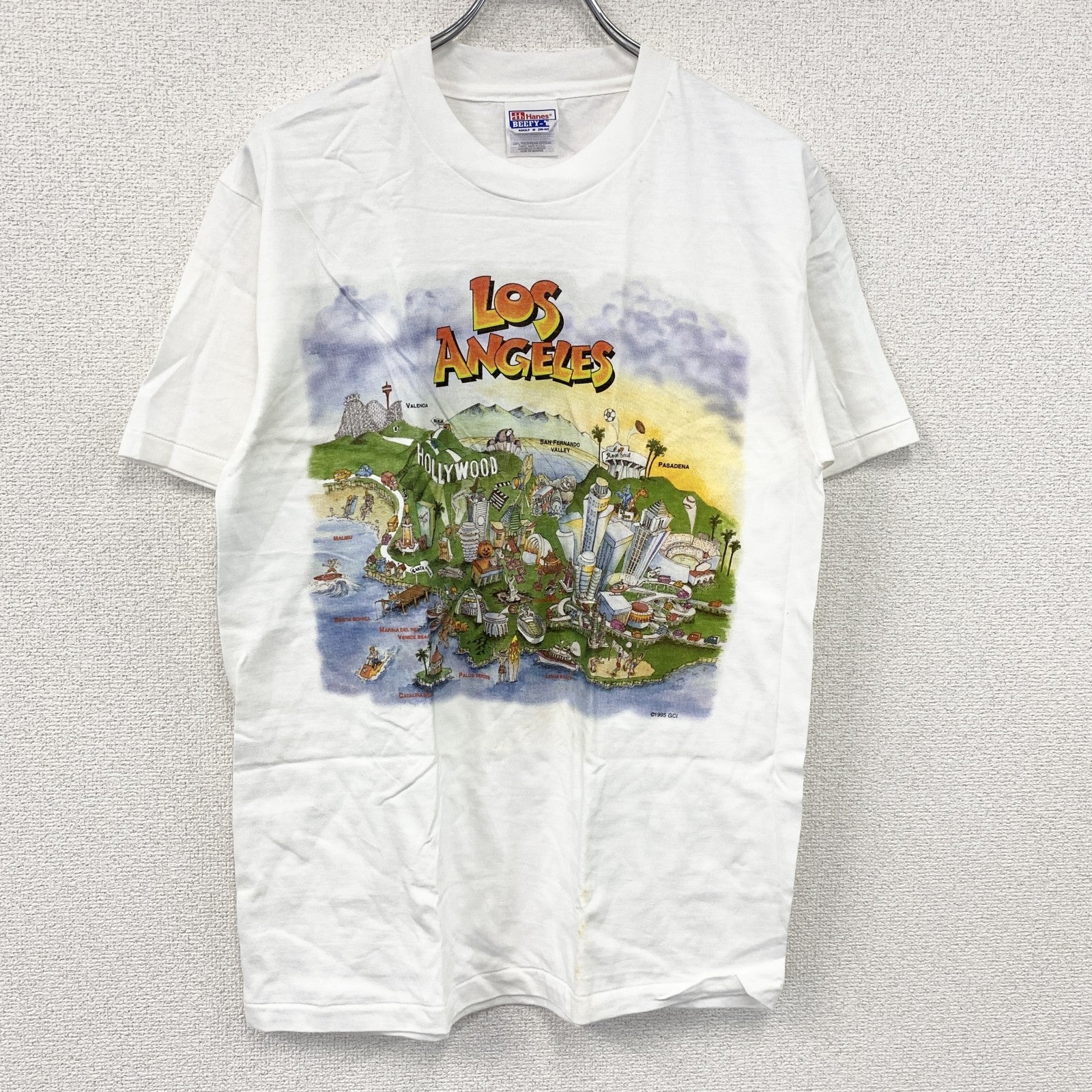 90s　Hanes　ヘインズ　半袖プリントイラストTシャツ　ロサンゼルス　シングルステッチ　ヴィンテージ　白　ホワイト　Mサイズ