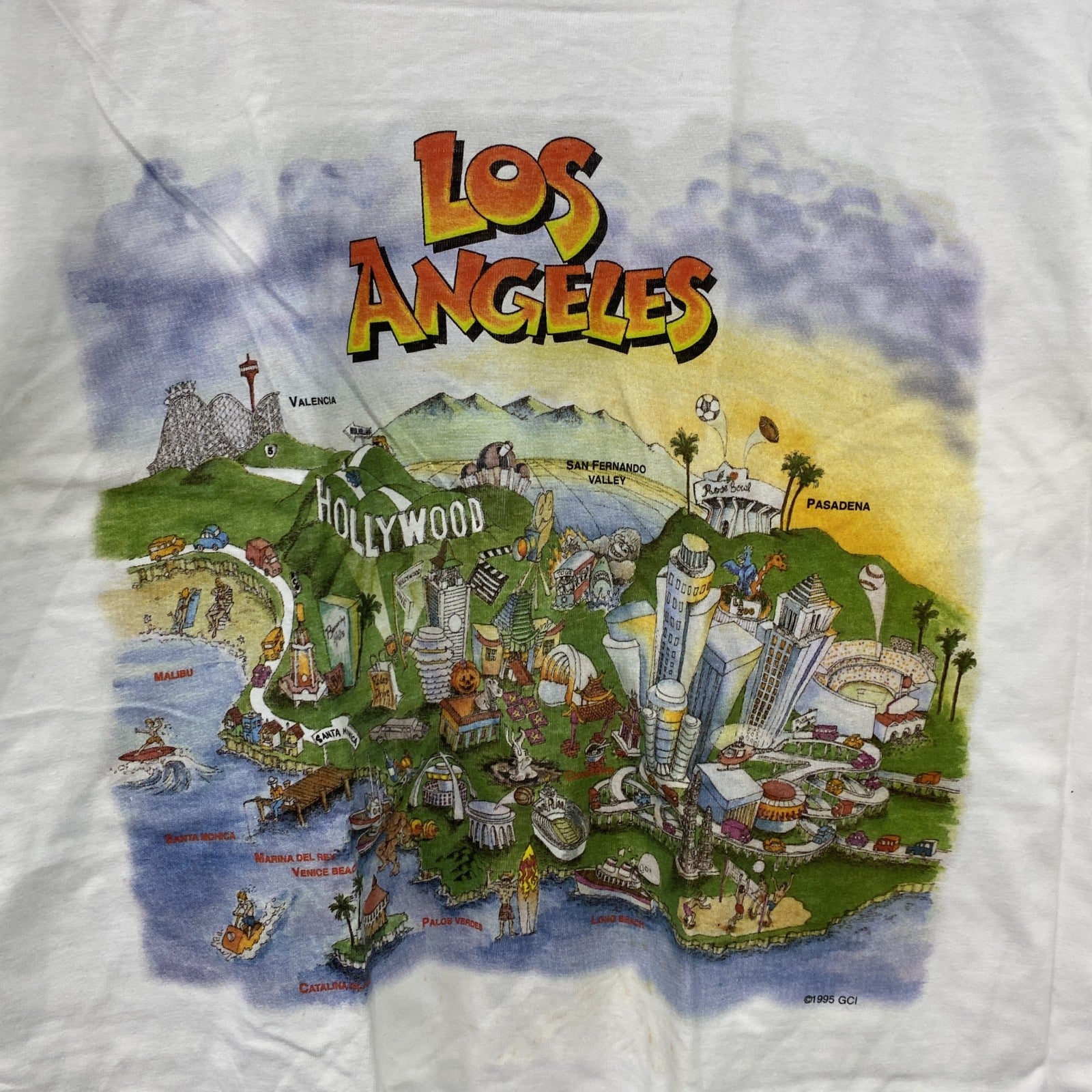 90s　Hanes　ヘインズ　半袖プリントイラストTシャツ　ロサンゼルス　シングルステッチ　ヴィンテージ　白　ホワイト　Mサイズ