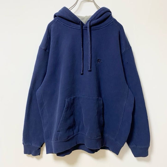 古着 used　STARTER スターター　長袖ワンポイントロゴ刺繍パーカー　フーディー　ノームコア　シンプル　ネイビー　Lサイズ