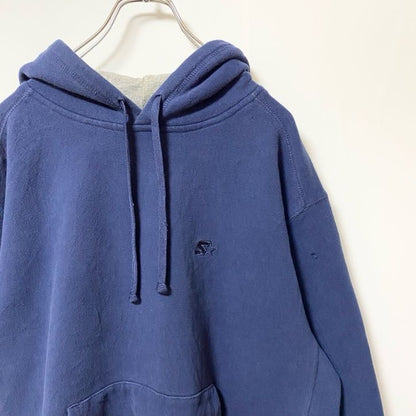 古着 used　STARTER スターター　長袖ワンポイントロゴ刺繍パーカー　フーディー　ノームコア　シンプル　ネイビー　Lサイズ