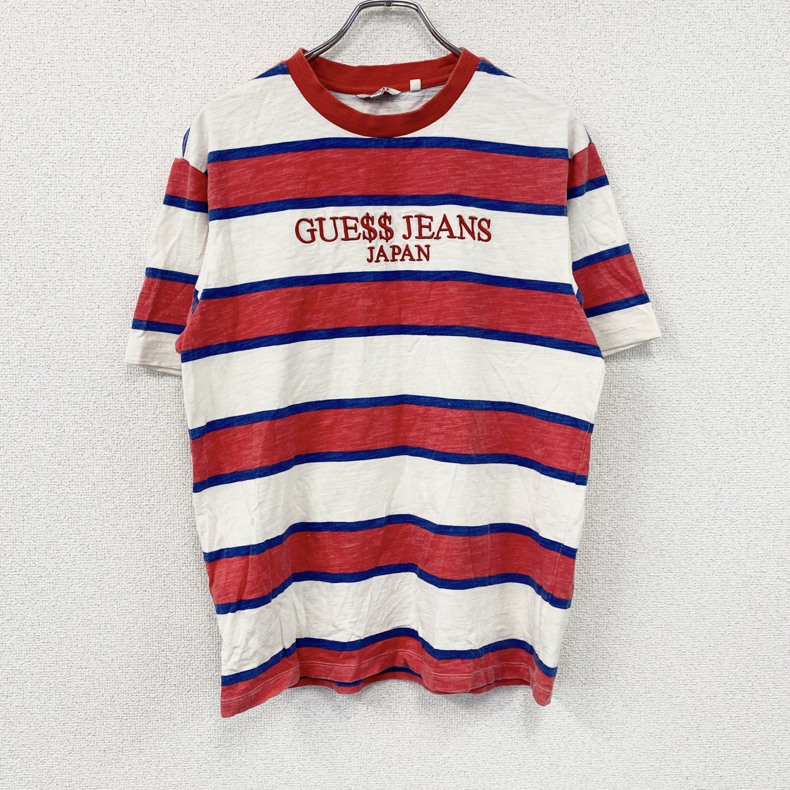 GUESS　ゲス　半袖プリントリンガーTシャツ　刺繍ロゴ　ボーダー柄　赤　レッド　白　ホワイト　Sサイズ