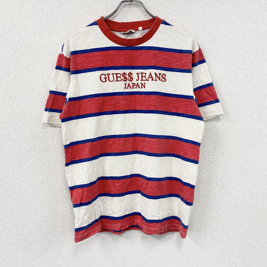 GUESS　ゲス　半袖プリントリンガーTシャツ　刺繍ロゴ　ボーダー柄　赤　レッド　白　ホワイト　Sサイズ